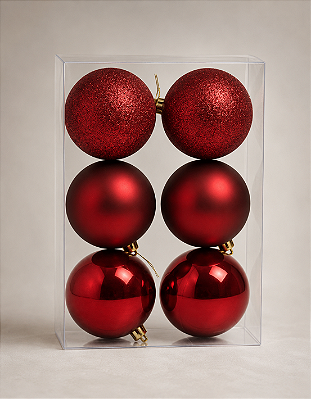 Kit 6 Bolas de Natal 6cm Vermelha Escura Brilhante Fosca Glitter