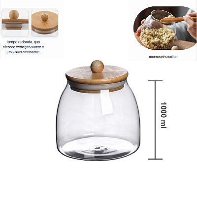 Pote Hermético Boro Redondo 1000ml com Colher Tampa Bambu Bojo