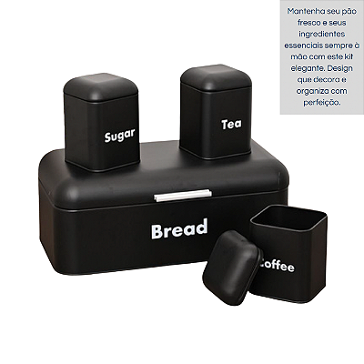 Kit Porta Pão com Trio de Latas Metal Preto