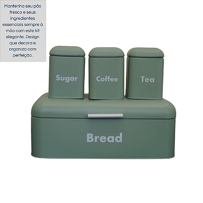 Kit Porta Pão com Trio de Latas Metal Verde