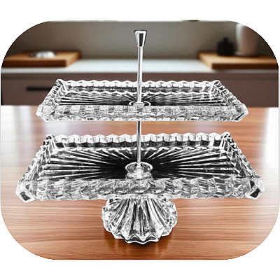 Bandeja Dupla Decorativa Cristal Lapidado com Pé 34x33x27