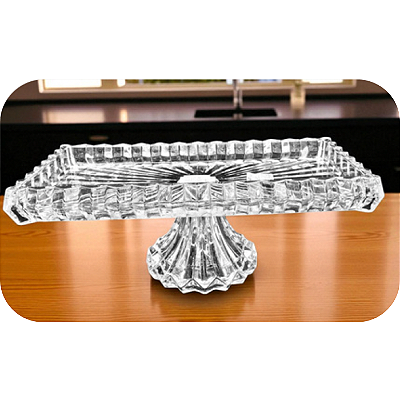 Bandeja Grande Decorativa Cristal Lapidado com Pé 34x18x13