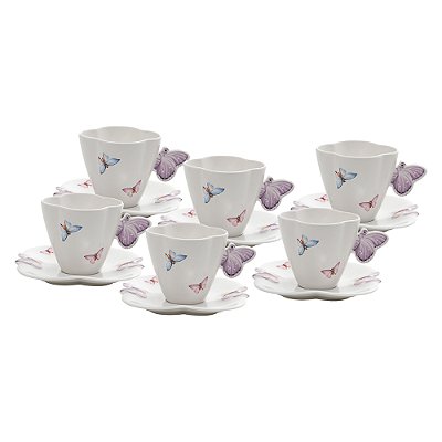 Conjunto 6 Xícaras de Chá de Porcelana com Pires Borboletas Branco 200ml - Wolff