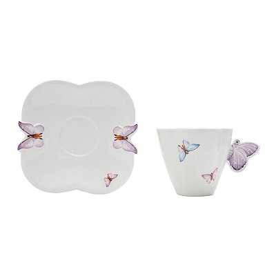 Conjunto 6 Xícaras de Chá de Porcelana com Pires Borboletas Branco 200ml - Wolff