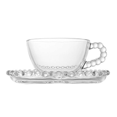 Conjunto 4 Xícaras de Chá de Cristal com Pires Coração Pearl 180ml - Wolff