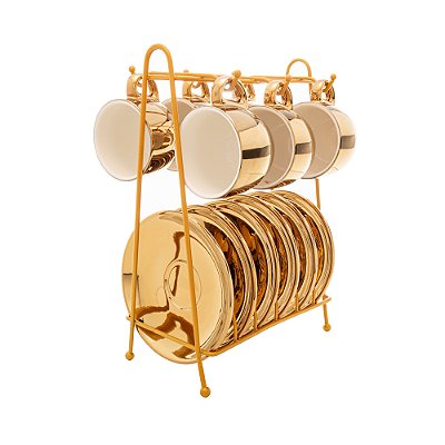 Conjunto 6 Xícaras de Café de Porcelana com Pires e Suporte Versa Dourado/Branco 90ml - Wolff