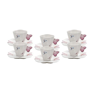Conjunto 6 Xícaras de Café de Porcelana com Pires Borboletas Branco 100ml - Wolff