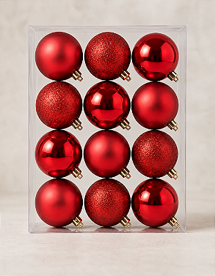 Kit 12 Bolas de Natal 4cm Vermelhas Brilhante Fosca Glitter