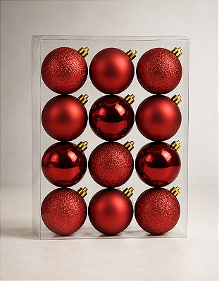Kit 12 Bolas Natal 4cm Vermelha Escura Brilhante Fosca Glitter