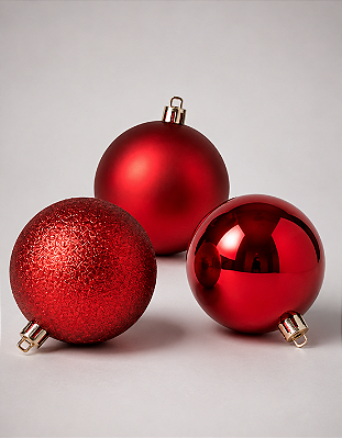 Kit 3 Bolas de Natal Vermelho 10cm Brilhante Fosca e Glitter
