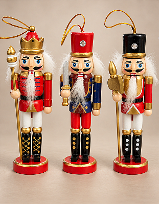 Kit 3 Soldadinhos Quebra Nozes de Natal Madeira Pinho 15cm
