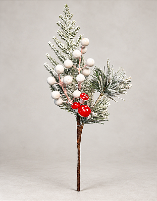 Haste Frutos Brancos Nevada 28cm com Cogumelos Natalinos