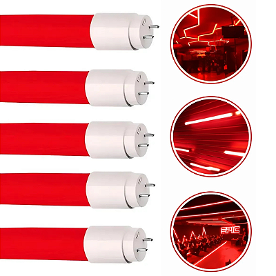 Kit 6 Lâmpadas Tubo Led Colorida T8 18w Vermelho Bivolt Decoração