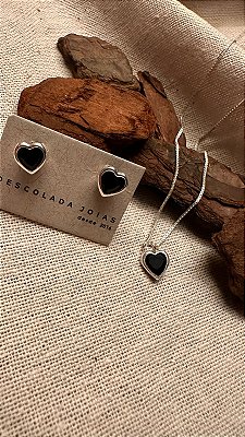 Conj. brinco e corrente  -coração preto