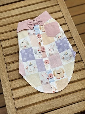 Camisa Ursinhos com Bolso e Gravata Rosa Empoeirado