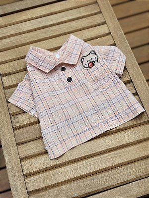 Camisa Xadrez Salmão Com Aplique de Ursinho no Bolso