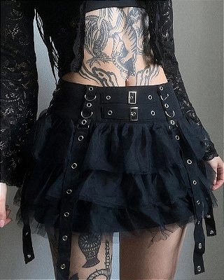 Saia Curta Preto Babado Ravena
