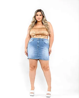 Mini-Saia Jeans Feminina Plus Size com Rasgos e Puídos 21398 Média Rasgada