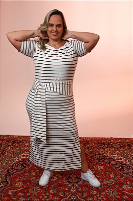 VESTIDO LISTRADO MIDI COM FAIXA 5007