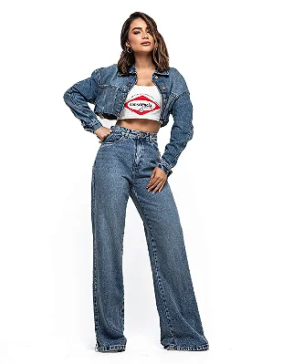 Calça Jeans Feminina Wide Leg Básica Cintura Alta Sujinha 24578
