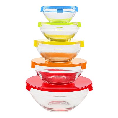 Jogo 5 Potes Tigelas Vidro Tampas Plásticas Coloridas- Dolce Home