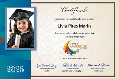 Certificado Escolar para Educação Infantil - 20x30cm em Papel Fotográfico