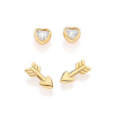 KIT BRINCO FLECHA E SOLITÁRIO CORAÇÃO COM ZIRCÔNIAS BRANCAS BANHADO A OURO 18K ROMMANEL 527488