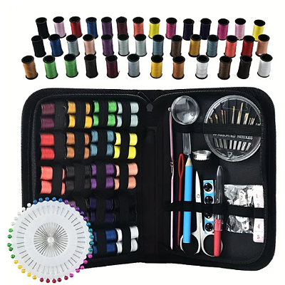KIT COSTURA 128 ITENS AGULHAS ALFINETE FIOS BOTAO DESCOSEDOR