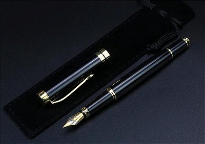 Caneta Tinteiro Pena Luxo Presente Preta Lisa Mod 02