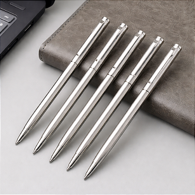 KIT 5 CANETAS ESFEROGRÁFICAS GRAVAÇÃO AÇO INOX PONTA MÉDIA