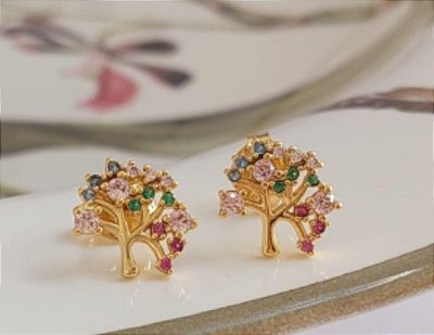 Brinco dourado arvore da vida com zircônia