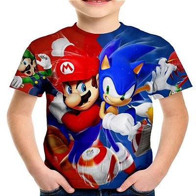 Camiseta Infantil Mario Bros e Sonic Estampa Total