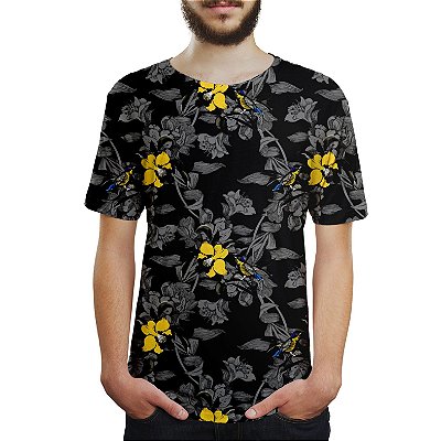 Camiseta Masculina Jardim com Pássaros Estampa Digital