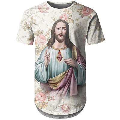 Camiseta Masculina Longline Jesus Cristo Floral Md03