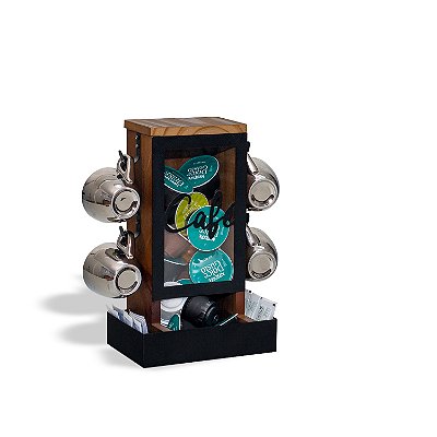 Porta Cápsulas e Xícaras Torre de Mesa para Café em Aço Inox e Madeira – Organizador Dolce Gusto, Nespresso e 3 Corações