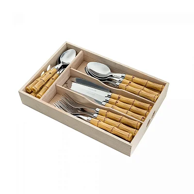 Faqueiro 24 Peças em Aço Inox com Cabo Bambu e Bandeja – Bon Gourmet