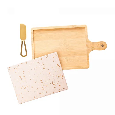 Conjunto para Queijo 3 Peças com Bandeja de Bambu, Tábua Terrazzo e Faca Dourada 29cm