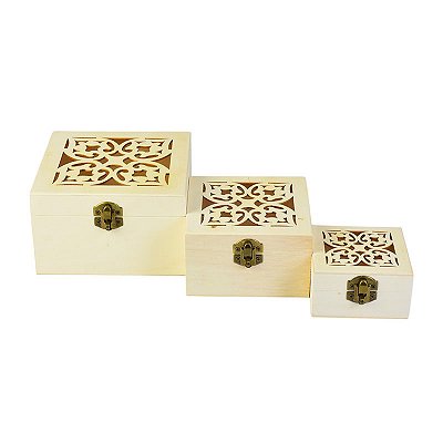 Jogo com 3 Porta Objetos Caixa Flor em Madeira Decorativa