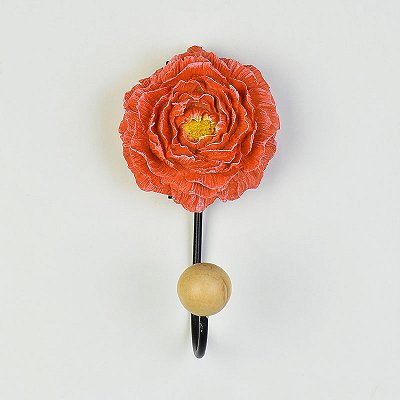 Cabideiro Flor Vermelha Decorativo em Madeira, Resina e Metal