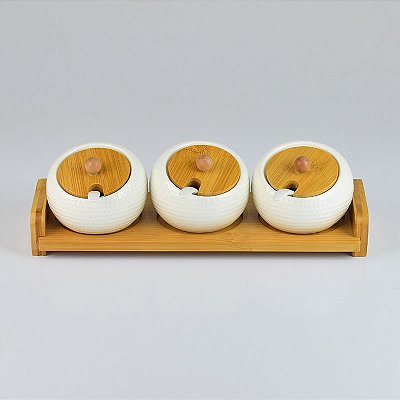 Porta Temperos com 3 Potes em Porcelana e Bambu – Organizador de Condimentos 31cm