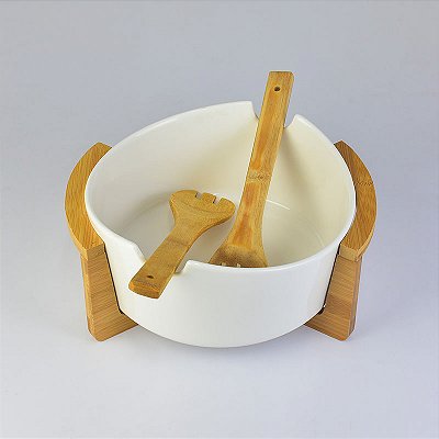 Tigela com Colheres 29cm em Madeira e Cerâmica Decorativa