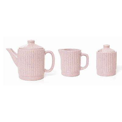 Conjunto Bule, Leiteira e Açucareiro Meg Rosa em Cerâmica