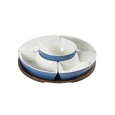 Petisqueira em Madeira com 5 Bowls de Cerâmica Azul Degradê – Bandeja para Servir Petiscos