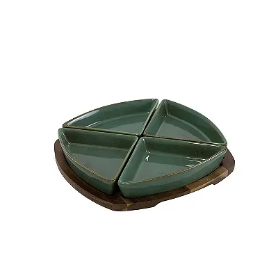 Petisqueira em Madeira com 4 Bowls de Cerâmica Verde Degradê – Bandeja para Servir Petiscos