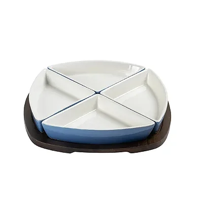 Petisqueira em Madeira com 4 Bowls de Cerâmica Azul Degradê – Bandeja para Servir Petiscos