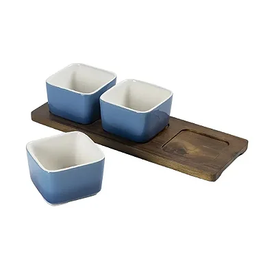 Petisqueira Em Madeira Com 3 Bowls Em Cerâmica Azul Degrade