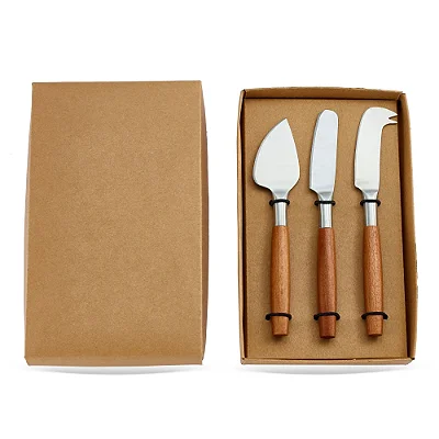 Kit de Espátulas para Queijo Prata 3 Peças em Aço Inox e Madeira BTC Decor