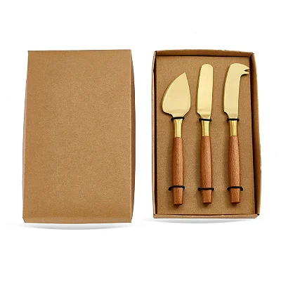 Kit de Espátulas Douradas para Queijo 3 Peças em Aço Inox e Madeira