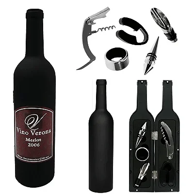 Kit para Vinho Verona com Acessórios – Conjunto Completo com Estojo em Formato de Garrafa