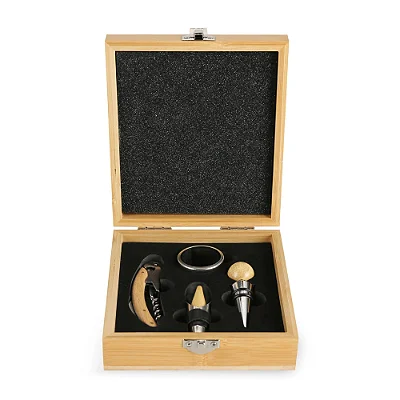 Kit para Vinho 4 Peças em Inox e Madeira – Conjunto com Acessórios para Presente